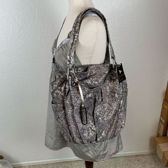 B. Makowsky Carmen Metalic Snakeskin Print leather hobo double handle tote bag - Picture 1 of 14